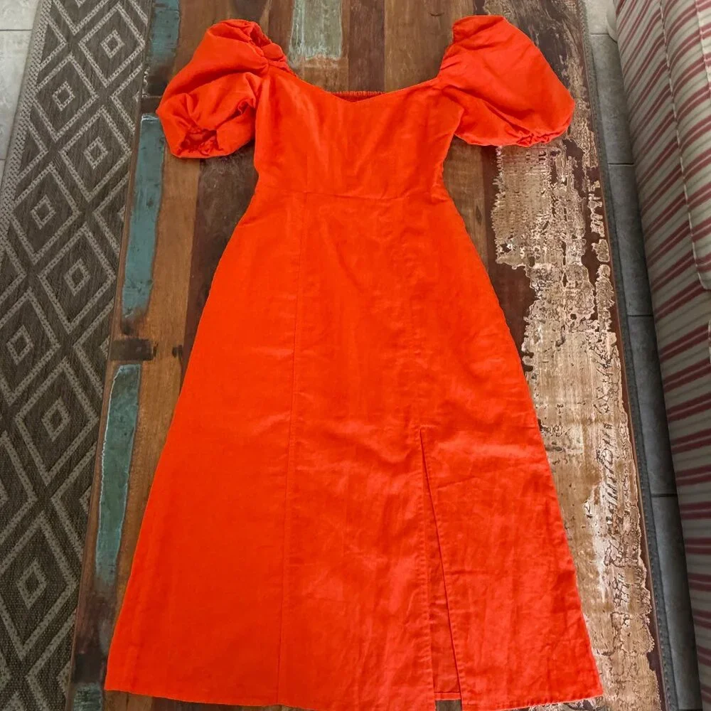 NWOT Banana Republic Orange Linen Blend Puffy Sleeve Side Slit Dress Size 2 - Picture 2 of 14